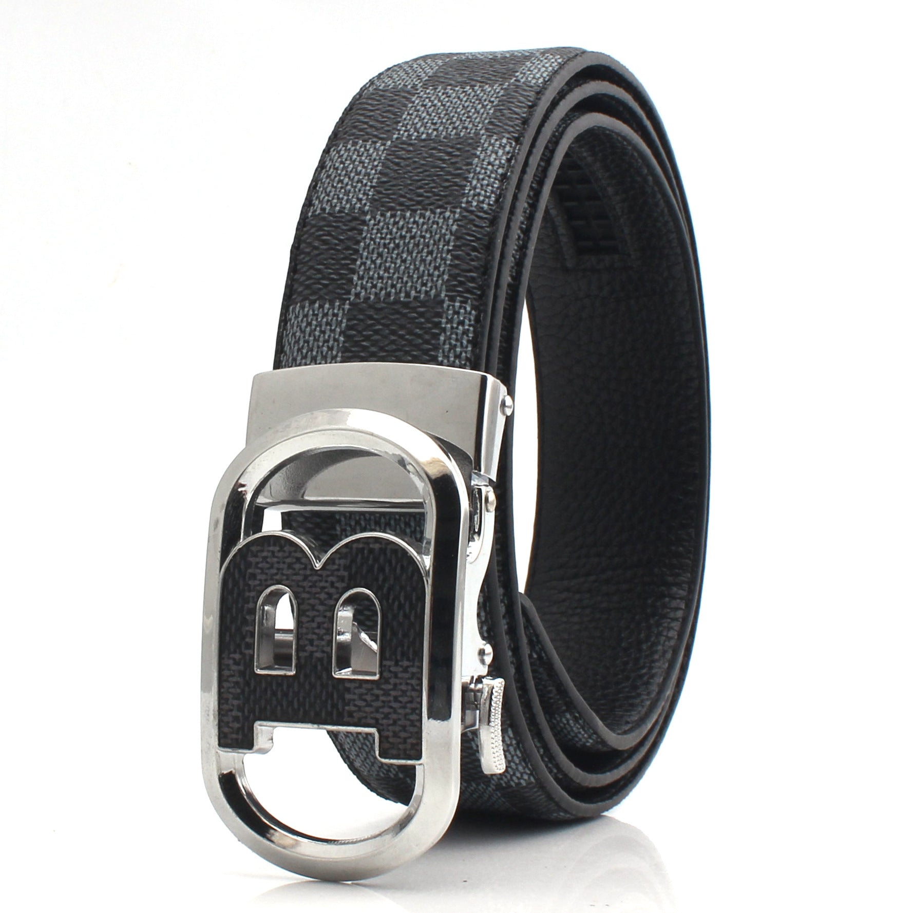 Luxury Designer Style PU Leather Belt,Automatic Buckle(B-patterned black-gray belt + silver buckle