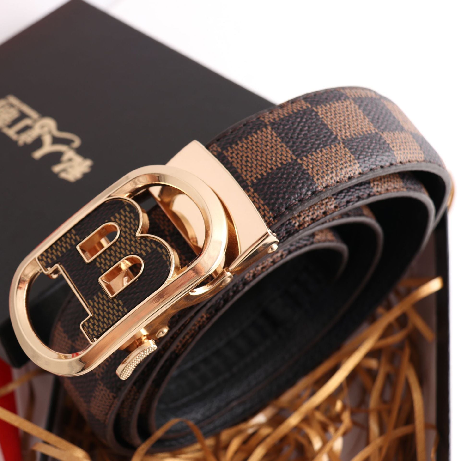 Luxury Designer Style PU Leather Belt,Automatic Buckle(B-patterned black-gray belt + silver buckle