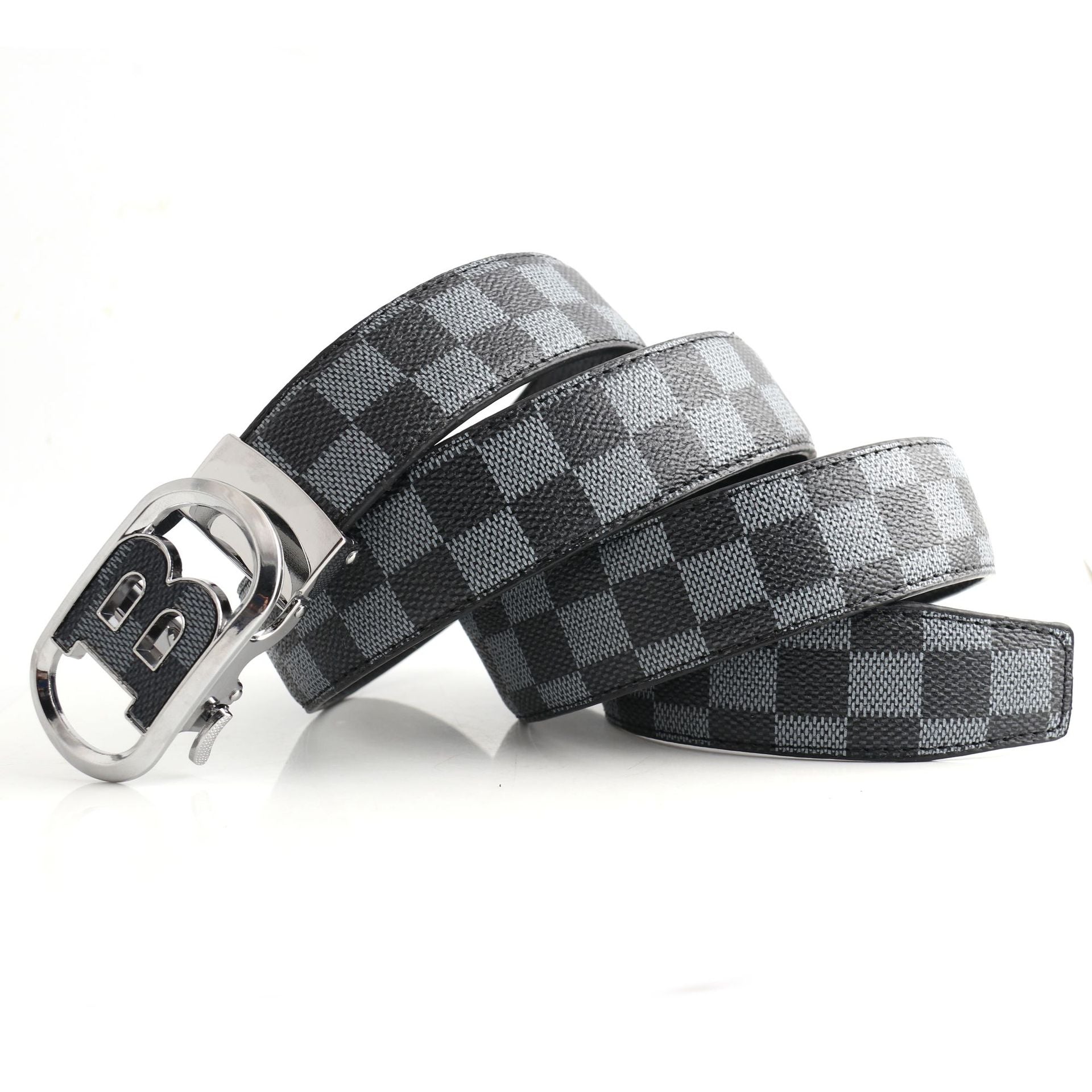Luxury Designer Style PU Leather Belt,Automatic Buckle(B-patterned black-gray belt + silver buckle