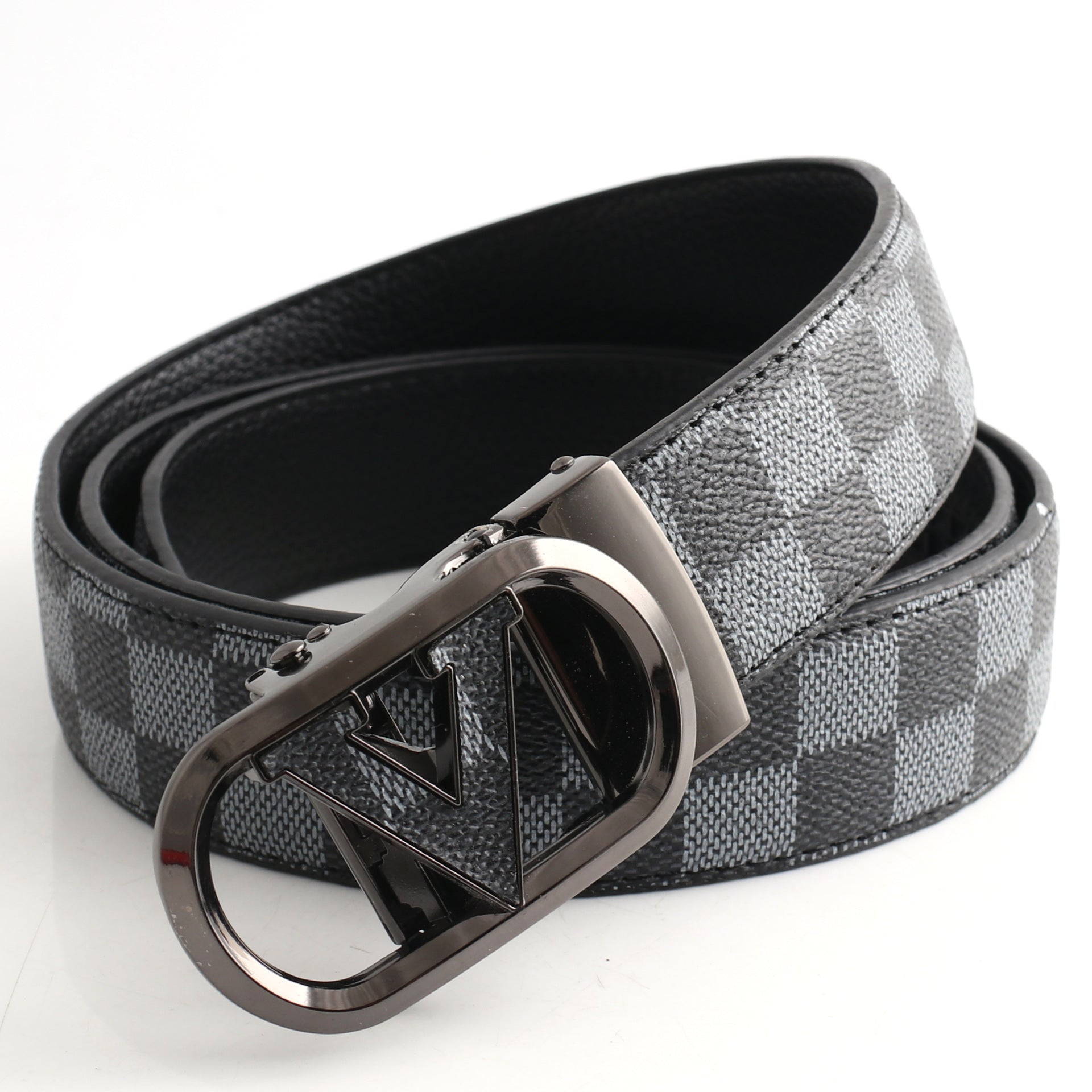 Luxury Designer Style PU Leather Belt,Automatic Buckle(V-patterned black-gray belt + gray buckle)