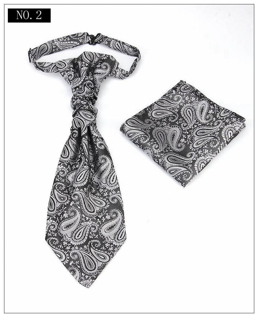 Men's Formal Paisley Ascot Cravat & Pocket Square Set - Adjustable Necktie for Weddings(Dark Gray pattern)
