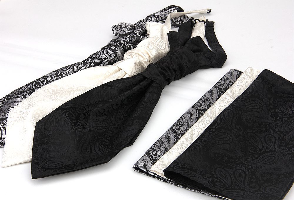 Men's Formal Paisley Ascot Cravat & Pocket Square Set - Adjustable Necktie for Weddings(Dark Gray pattern)