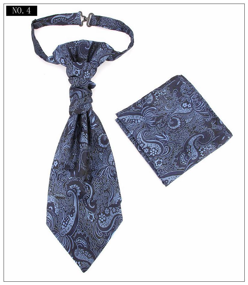 Men's Formal Paisley Ascot Cravat & Pocket Square Set - Adjustable Necktie for Weddings(Deep Blue pattern)