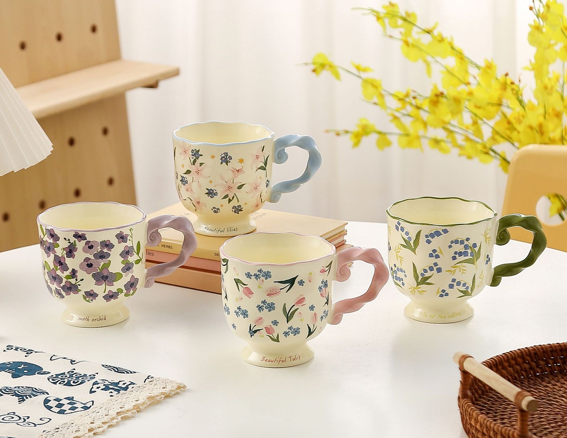 Elegant Ceramic Mug with Sculpted Handle,400ml Vintage Inspired Pedestal Design(Matcha Green)