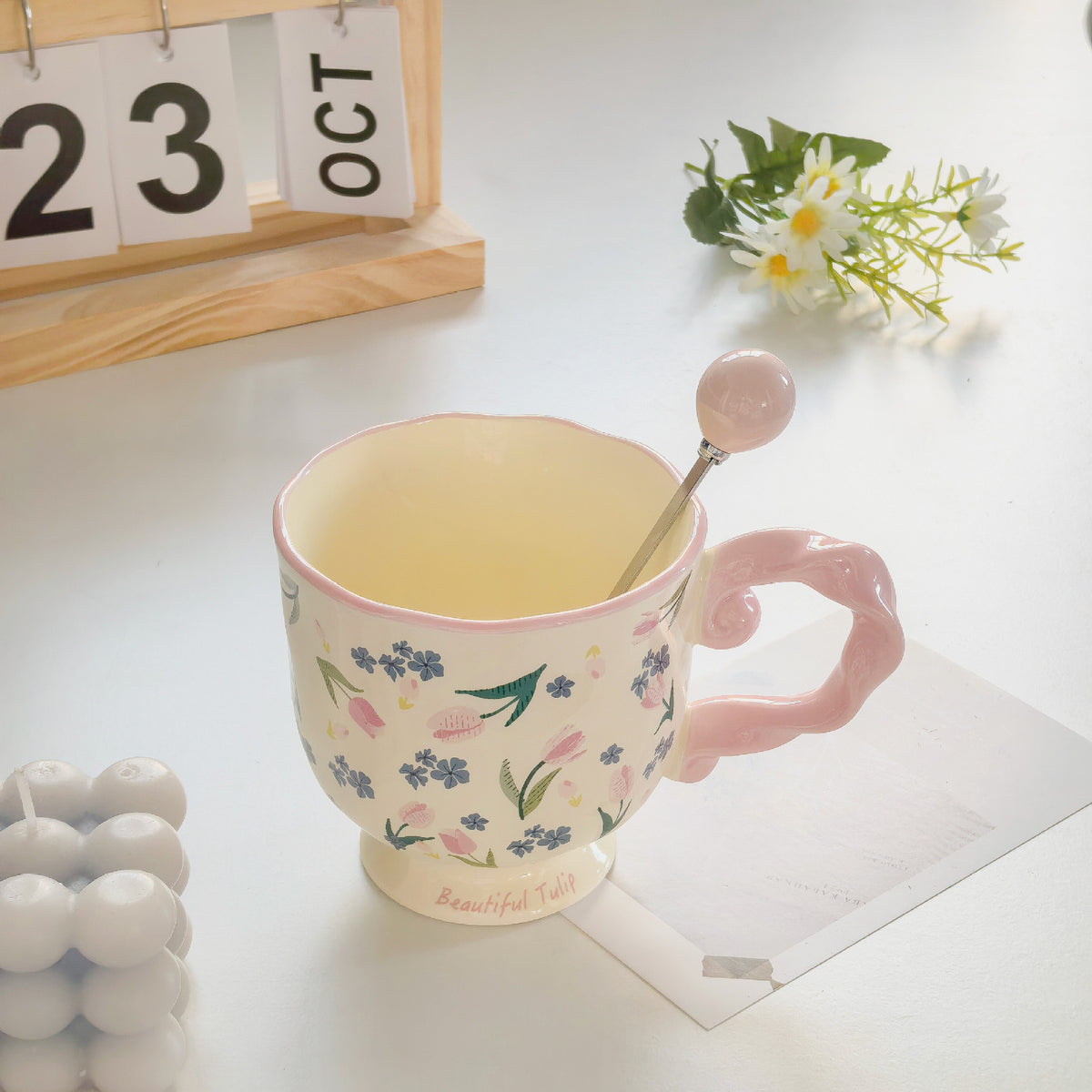 Elegant Ceramic Mug with Sculpted Handle,400ml Vintage Inspired Pedestal Design(Blue)