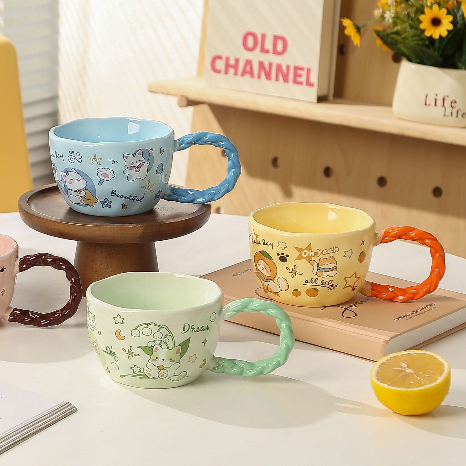 Whimsical Cat & Friends Ceramic Mug - 320ml with Unique Twisted Handle (Blue)