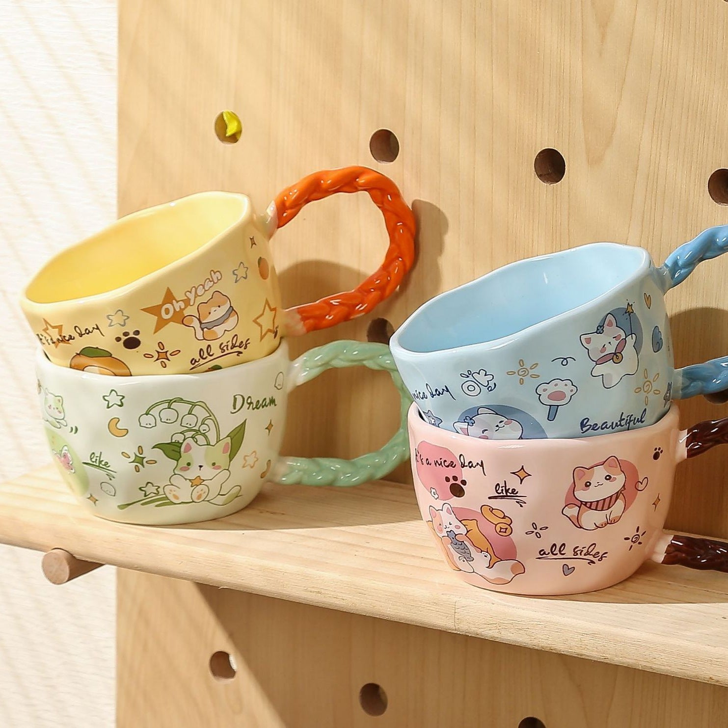 Whimsical Cat & Friends Ceramic Mug - 320ml with Unique Twisted Handle (Green)