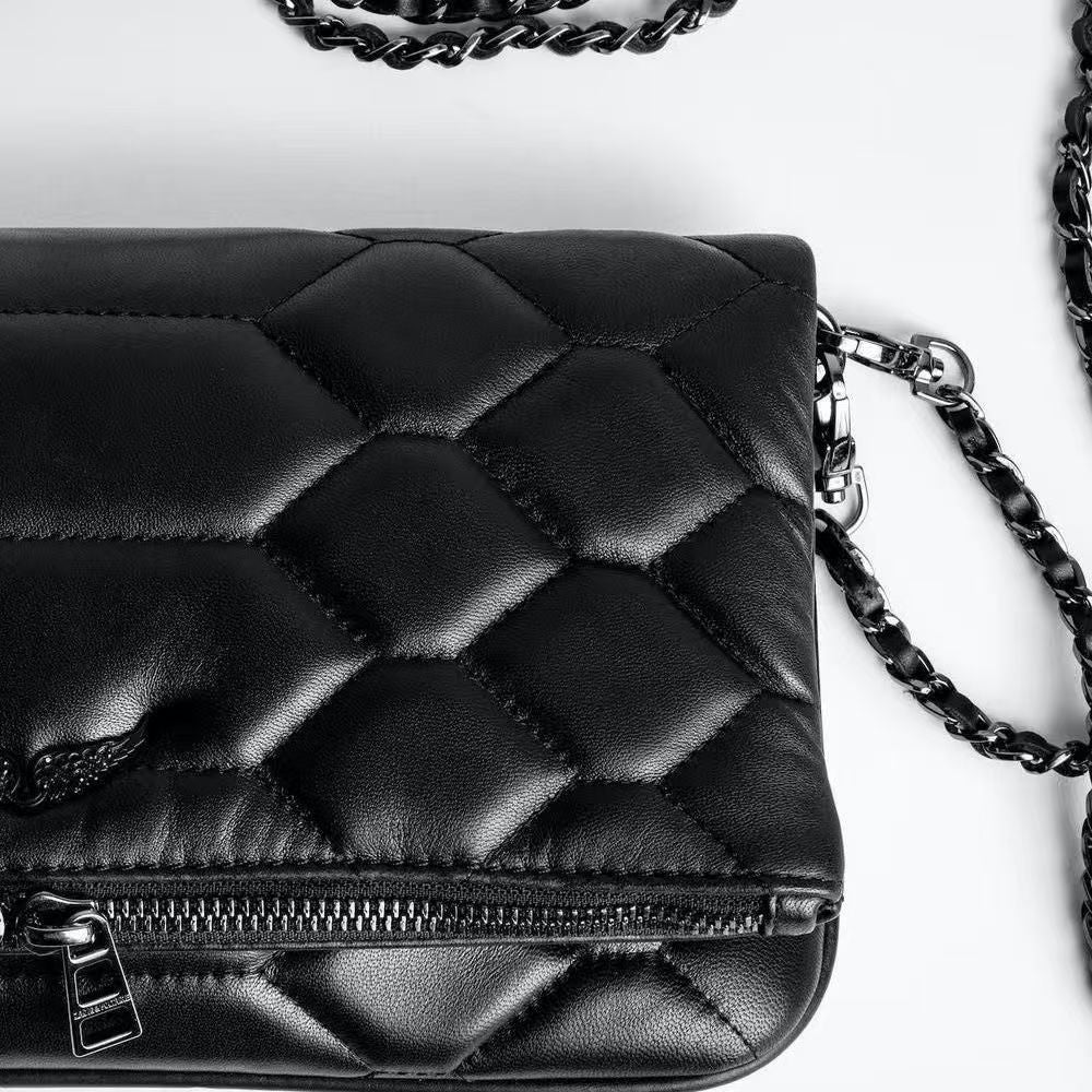 Chic Quilted Leather Crossbody Bag with Chain Strap & Tassel Detail(Golden black without tassels)