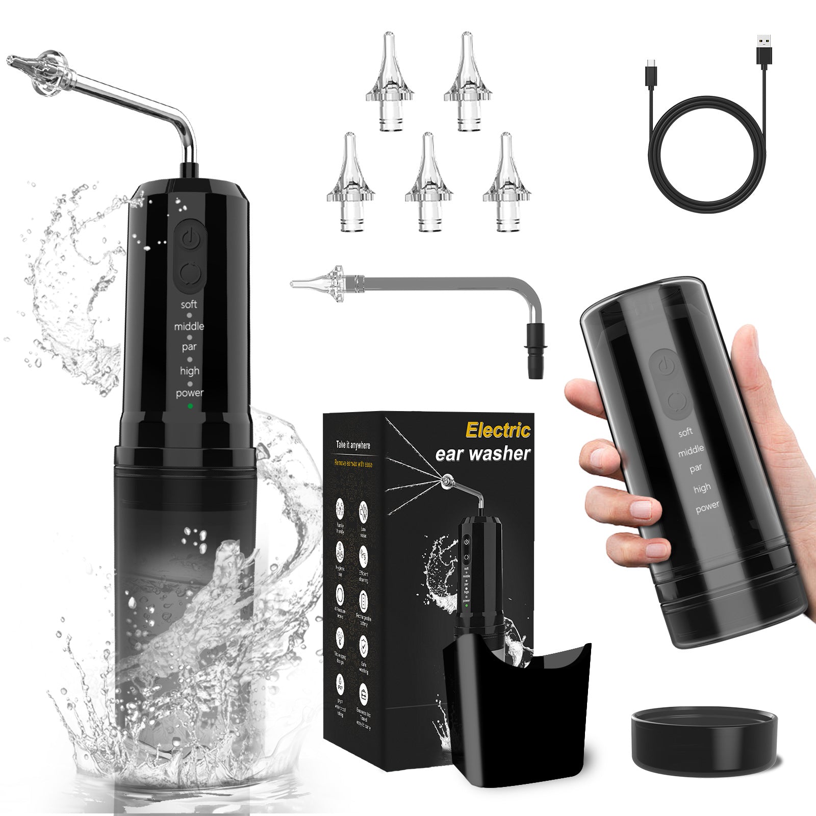 Electric Ear Wax Removal Kit & Nasal Irrigator - 4 Modes, IPX7 Waterproof(black)