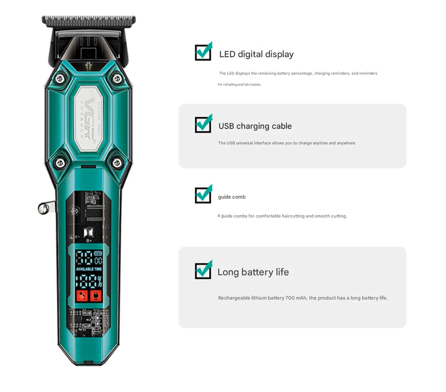 Professional Hair Clipper & Trimmer Kit - LED Display, USB Rechargeable(green)