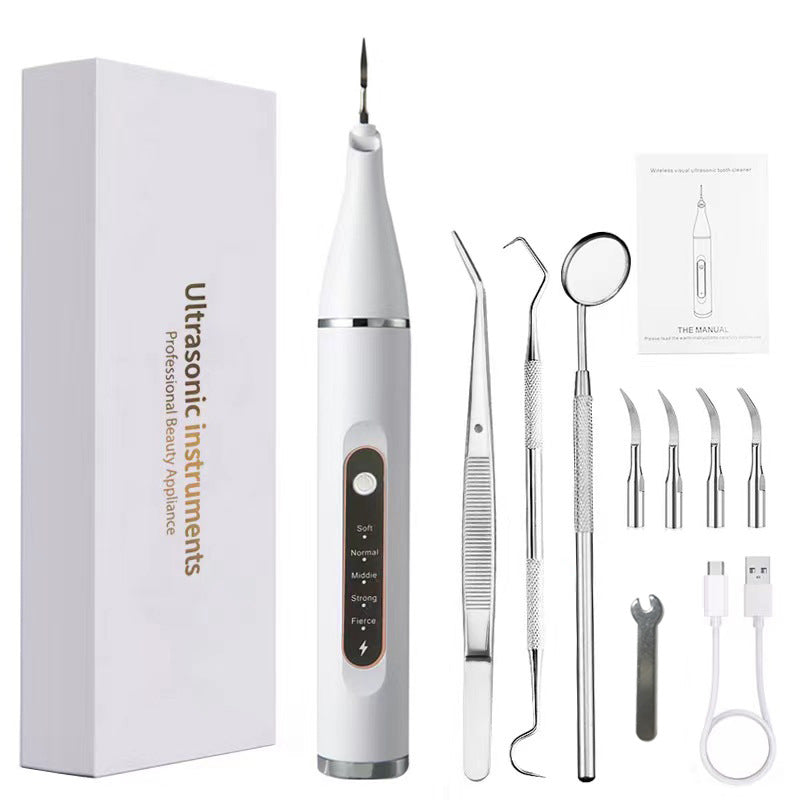Professional Ultrasonic Dental Scaler & Calculus Remover Kit - 5 Modes, LED Light, IPX7 Waterproof(White + dental 5-piece set)