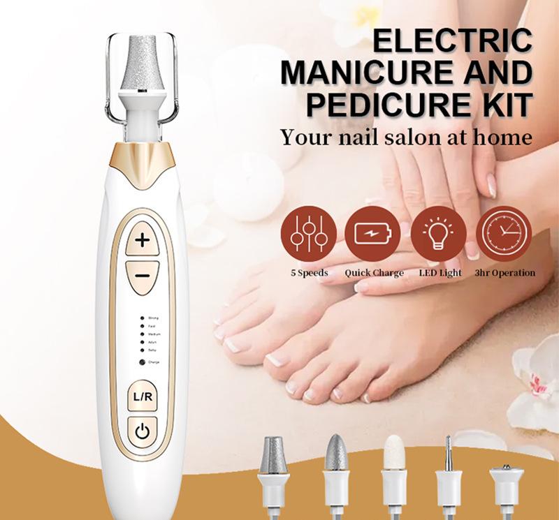 Professional Electric Manicure & Pedicure Kit - 5 Speeds, LED Light(Pale pink)