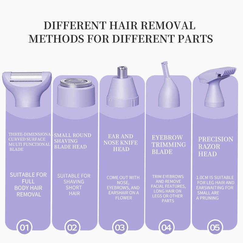 5-in-1 Electric Lady Shaver & Grooming Kit - LCD Display, USB-C Rechargeable, Full Body Hair Removal(Purple)