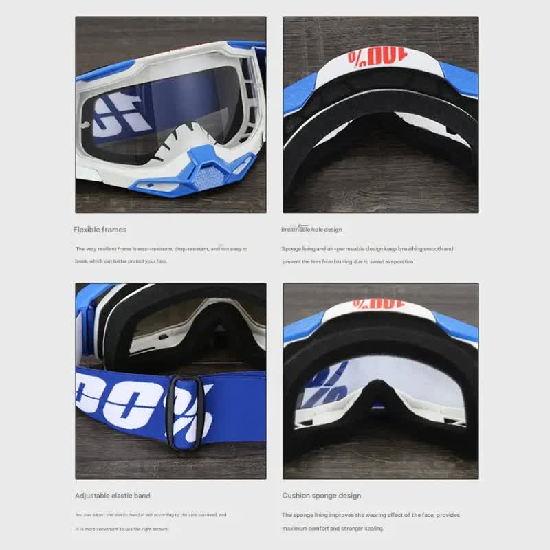 Pro Motocross Goggles - Windproof, UV400 Protection with TPU Frame & PC Lens, Adjustable Strap(White frame,transparent lens)