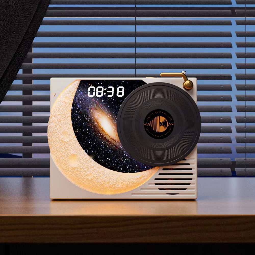 Retro Vinyl Bluetooth Speaker with Moon Ambient Light, Clock & 360 Surround Sound(white)