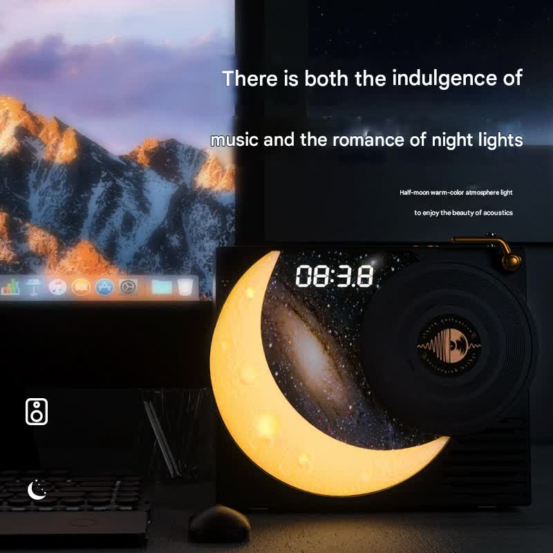 Retro Vinyl Bluetooth Speaker with Moon Ambient Light, Clock & 360 Surround Sound(white)