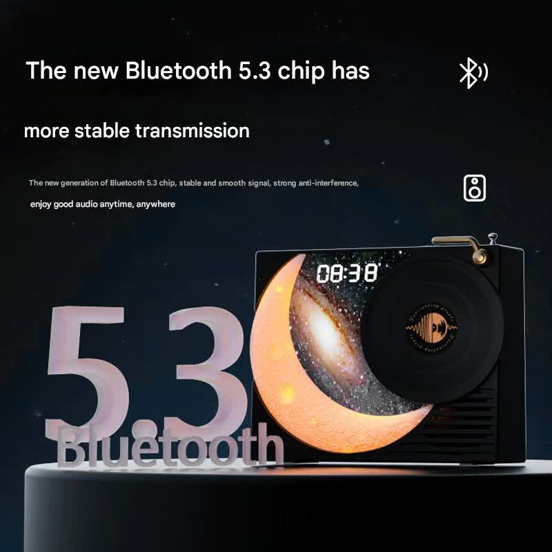 Retro Vinyl Bluetooth Speaker with Moon Ambient Light, Clock & 360 Surround Sound(white)