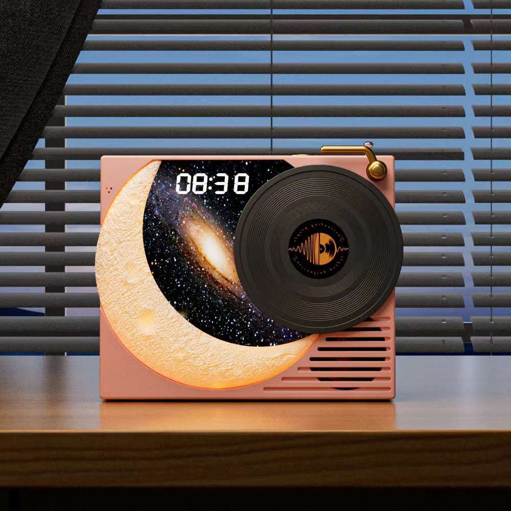 Retro Vinyl Bluetooth Speaker with Moon Ambient Light, Clock & 360 Surround Sound(pink)