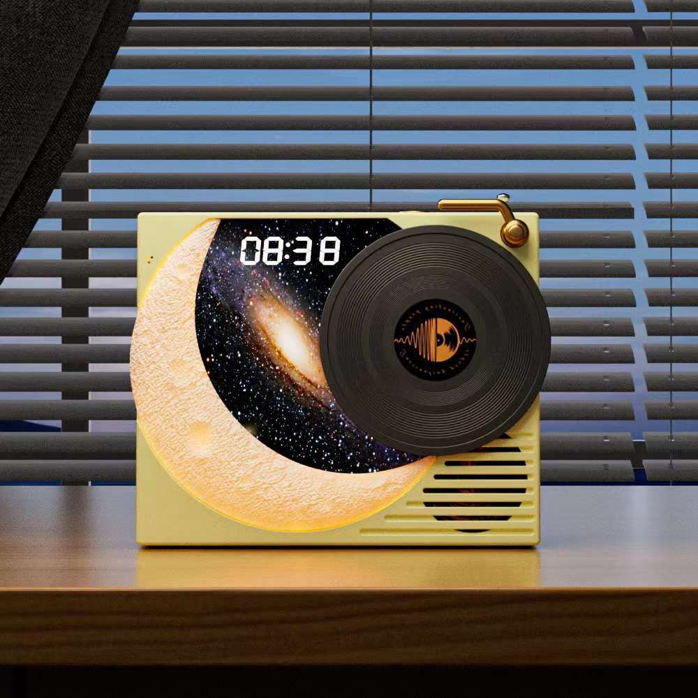 Retro Vinyl Bluetooth Speaker with Moon Ambient Light, Clock & 360 Surround Sound(yellow)