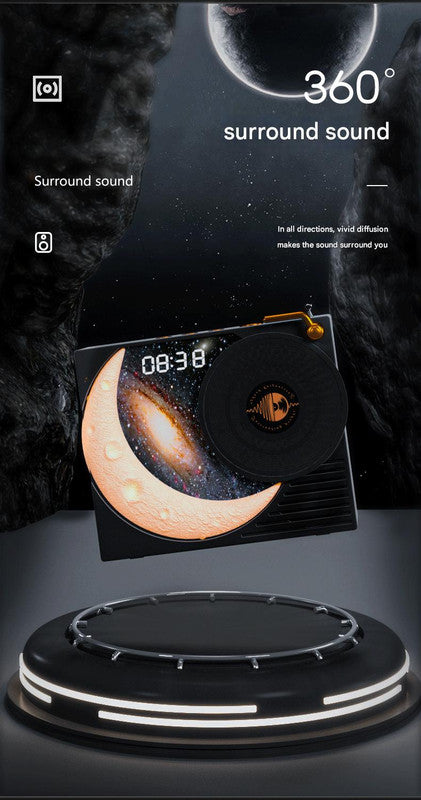 Retro Vinyl Bluetooth Speaker with Moon Ambient Light, Clock & 360 Surround Sound(yellow)