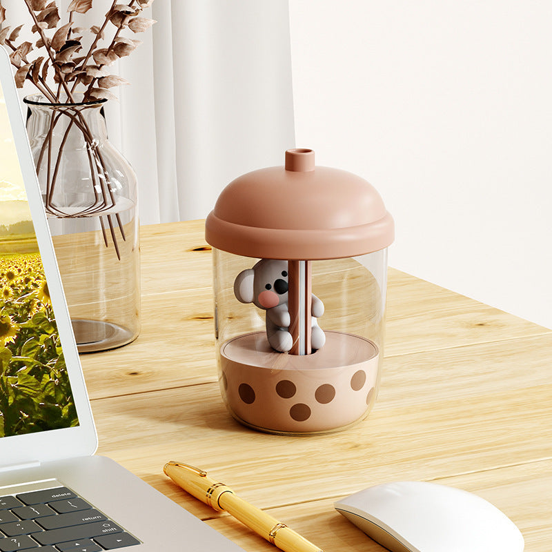 Adorable Koala Milk Tea Cup Humidifier - 450ml USB Air Diffuser with Dual Mist Modes(Caramel pearls)