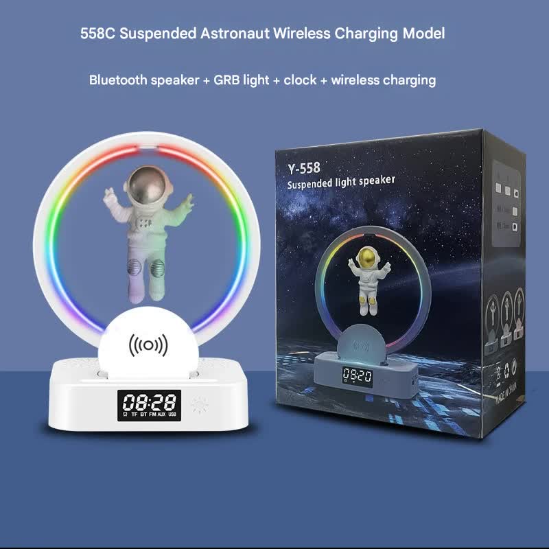 Astronaut Levitating Bluetooth Speaker Lamp - Wireless Charging, RGB Light, Clock, FM Radio & Multi-Input(White silver)
