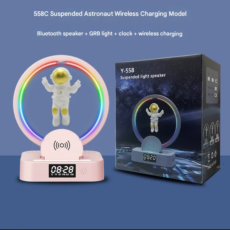 Astronaut Levitating Bluetooth Speaker Lamp - Wireless Charging, RGB Light, Clock, FM Radio & Multi-Input(Pink gold)