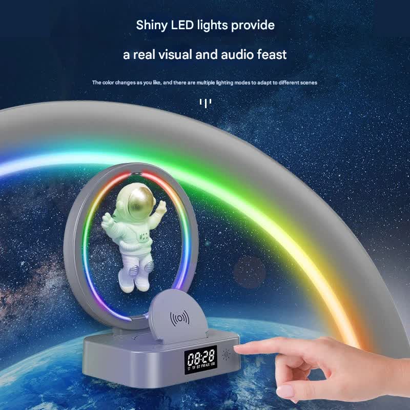Astronaut Levitating Bluetooth Speaker Lamp - Wireless Charging, RGB Light, Clock, FM Radio & Multi-Input(Pink gold)