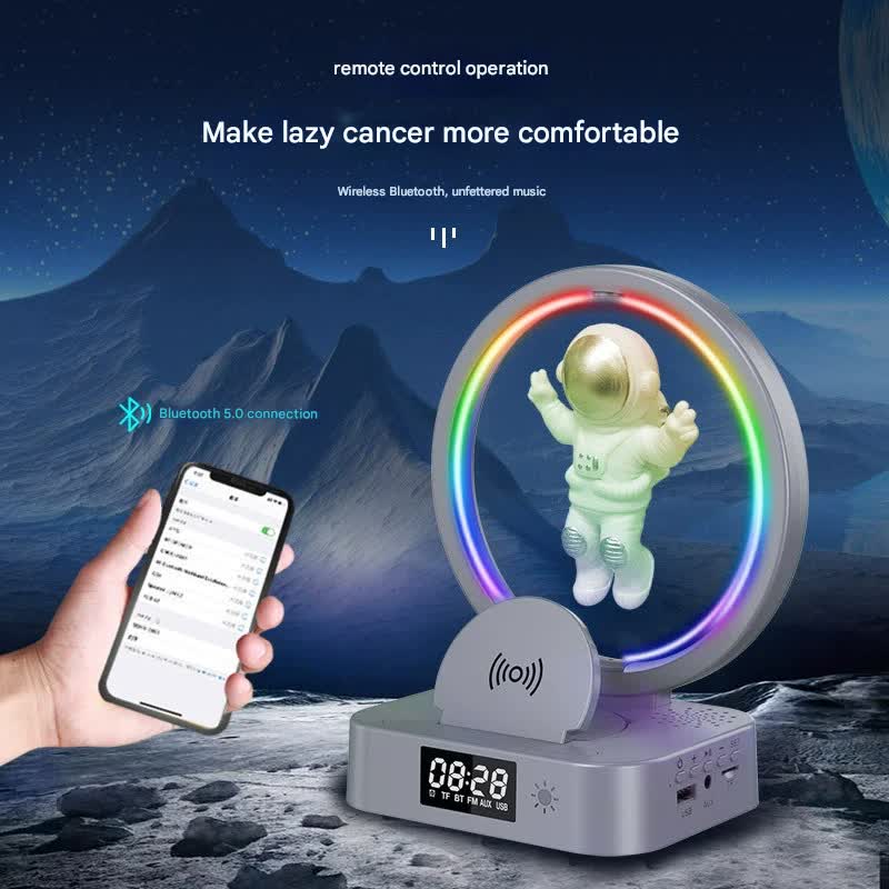 Astronaut Levitating Bluetooth Speaker Lamp - Wireless Charging, RGB Light, Clock, FM Radio & Multi-Input(Pink gold)