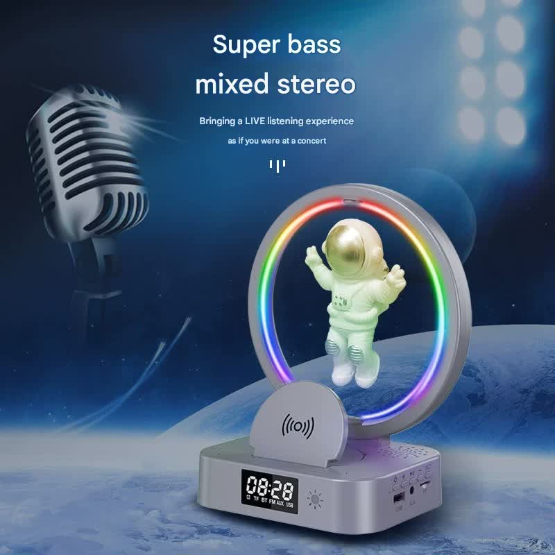 Astronaut Levitating Bluetooth Speaker Lamp - Wireless Charging, RGB Light, Clock, FM Radio & Multi-Input(Pink gold)