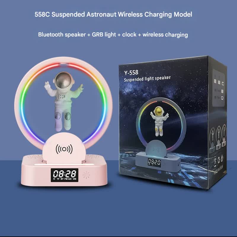 Astronaut Levitating Bluetooth Speaker Lamp - Wireless Charging, RGB Light, Clock, FM Radio & Multi-Input(Pink silver)