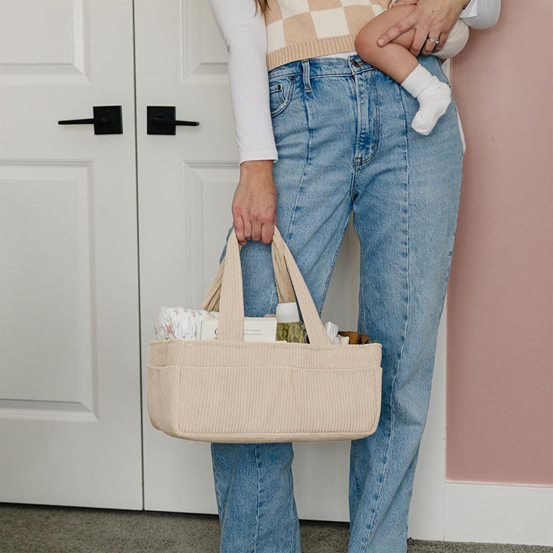 Premium Corduroy Diaper Caddy Organizer - Portable Nursery Storage Bin with Modular Inserts & Long Handles(beige)