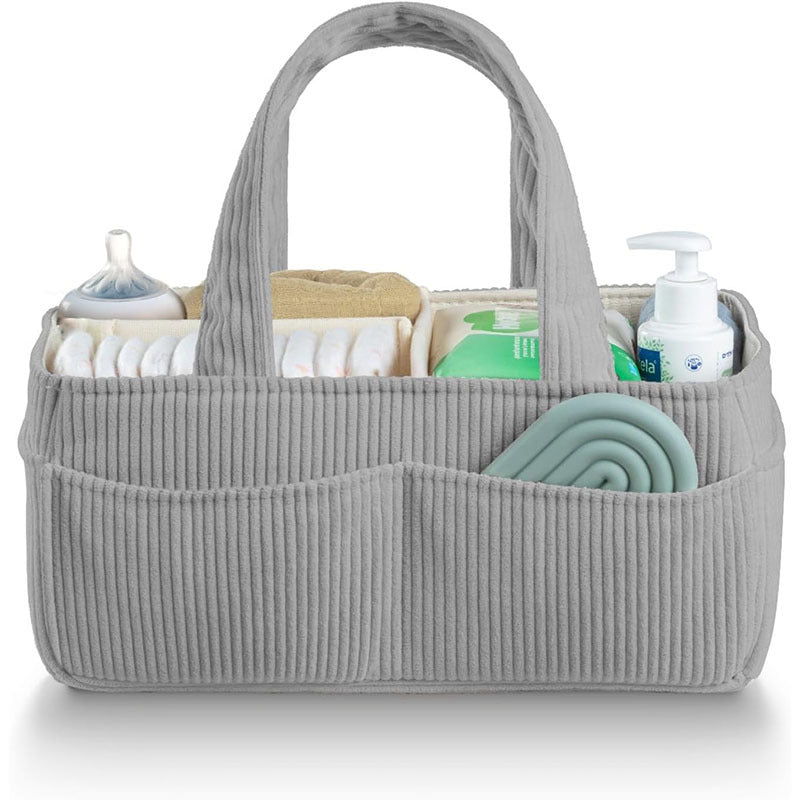 Premium Corduroy Diaper Caddy Organizer - Portable Nursery Storage Bin with Modular Inserts & Long Handles(Gray)