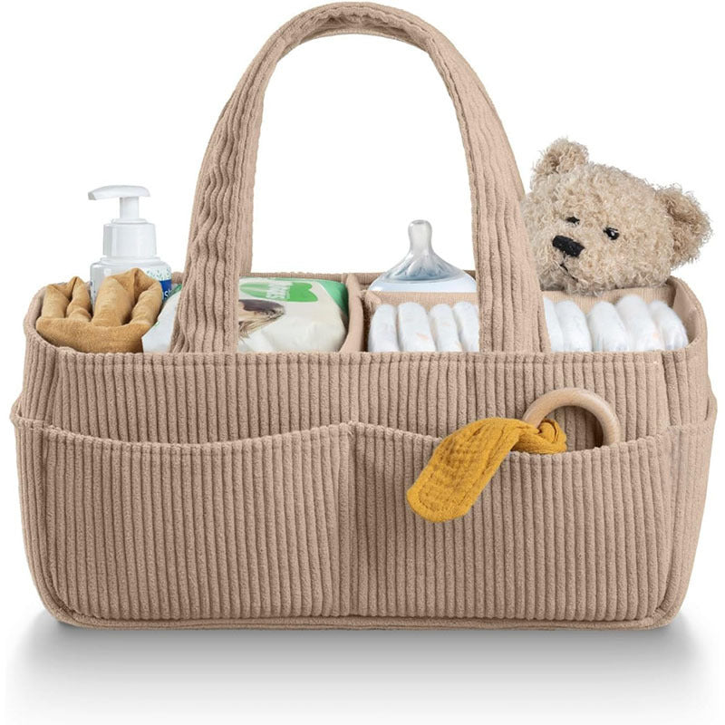 Premium Corduroy Diaper Caddy Organizer - Portable Nursery Storage Bin with Modular Inserts & Long Handles(Brown)