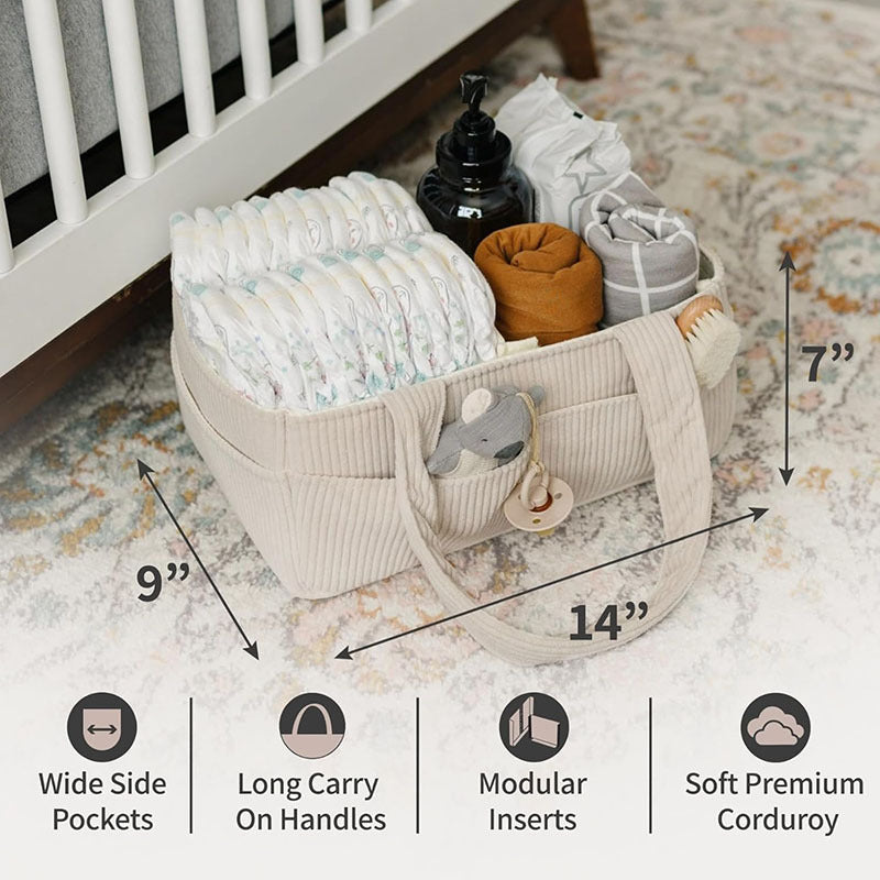 Premium Corduroy Diaper Caddy Organizer - Portable Nursery Storage Bin with Modular Inserts & Long Handles(Brown)