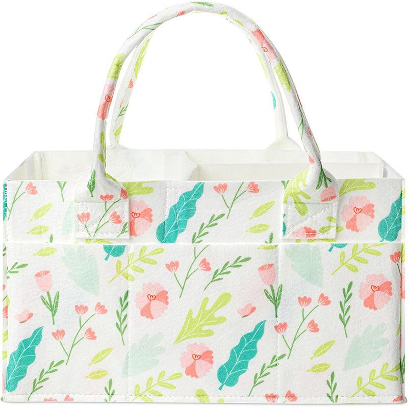 Portable Felt Diaper Caddy Organizer - Collapsible Nursery Storage Bin with 8 Outer Pockets (flowers)