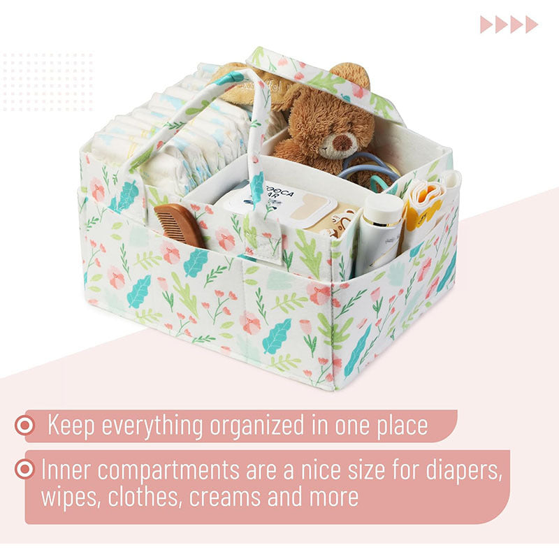 Portable Felt Diaper Caddy Organizer - Collapsible Nursery Storage Bin with 8 Outer Pockets (flowers)