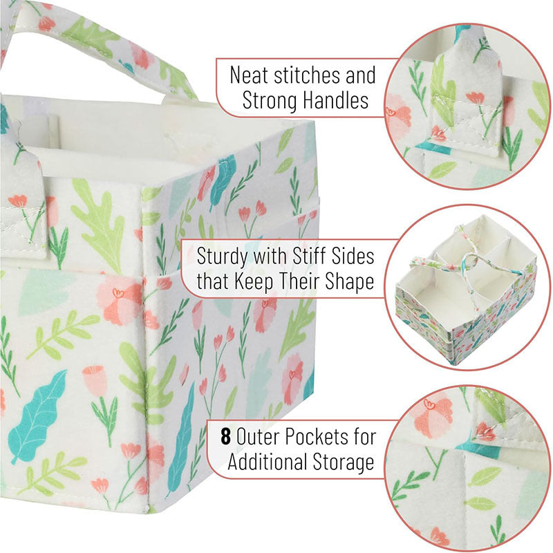 Portable Felt Diaper Caddy Organizer - Collapsible Nursery Storage Bin with 8 Outer Pockets (flowers)