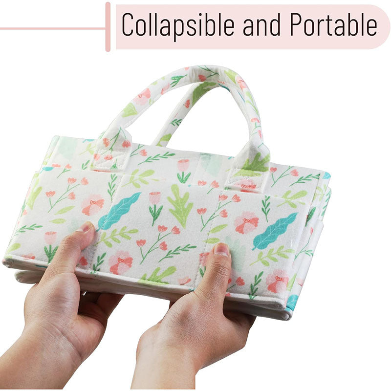 Portable Felt Diaper Caddy Organizer - Collapsible Nursery Storage Bin with 8 Outer Pockets (flowers)