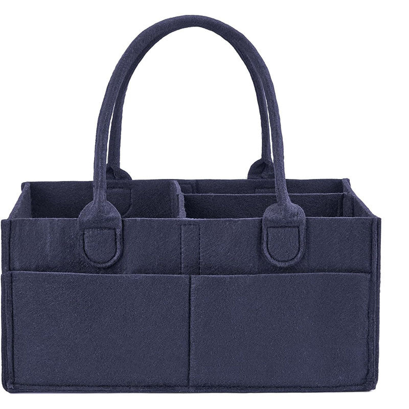 Portable Felt Diaper Caddy Organizer - Collapsible Nursery Storage Bin with 8 Outer Pockets (Navy)