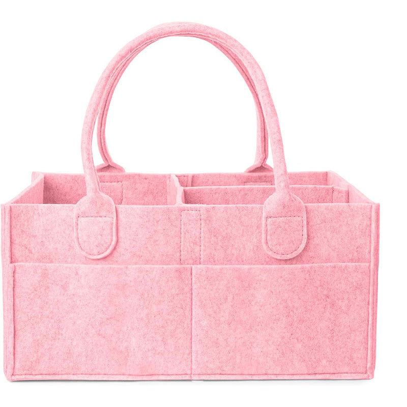 Portable Felt Diaper Caddy Organizer - Collapsible Nursery Storage Bin with 8 Outer Pockets (Pink)