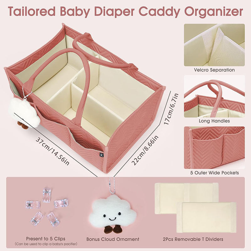 Tailored Baby Diaper Caddy Organizer - Portable Nursery Storage Bin with Removable Dividers & Pockets(Pink)