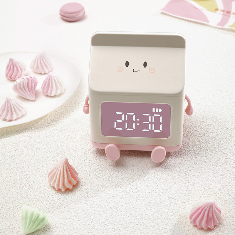 Cute Milk Carton Digital Alarm Clock with Countdown Timer & Snooze - USB-C Rechargeable(white)