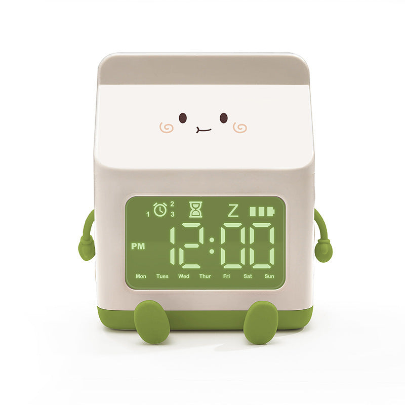 Cute Milk Carton Digital Alarm Clock with Countdown Timer & Snooze - USB-C Rechargeable(Green)