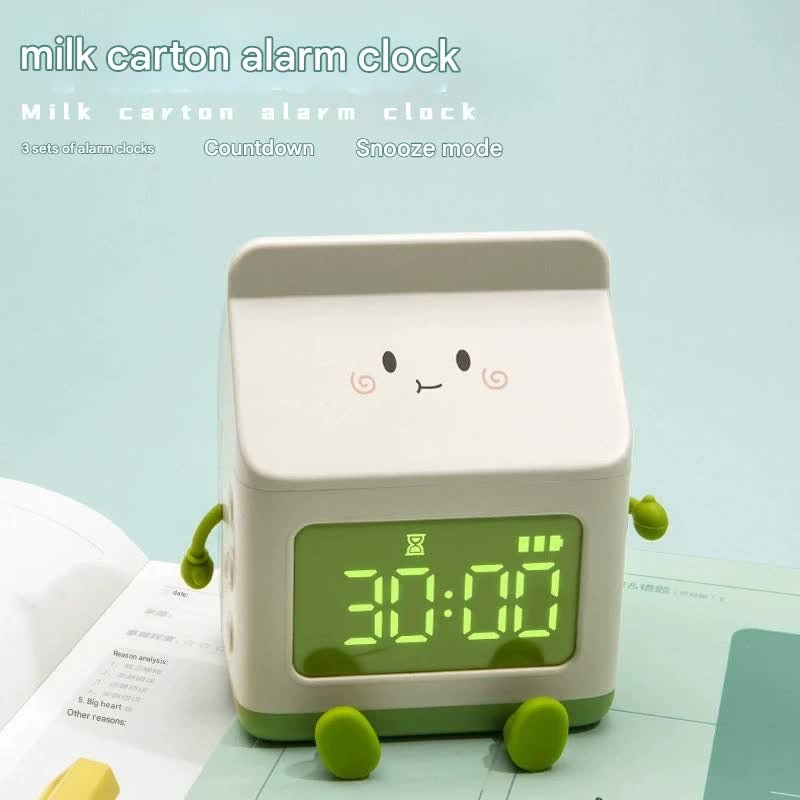 Cute Milk Carton Digital Alarm Clock with Countdown Timer & Snooze - USB-C Rechargeable(Brown)