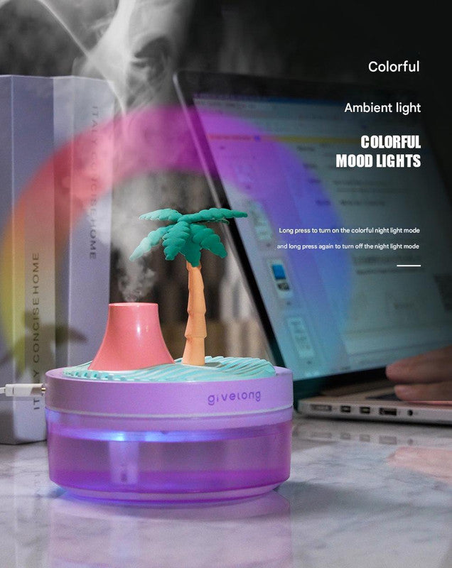 Landscape USB Humidifier with 7-Option Night Light - 320ml, Quiet Operation & Auto Shut-Off(Coconut Tree)