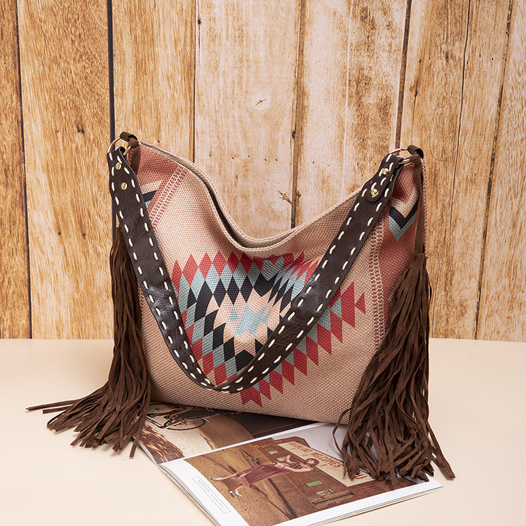 Bohemian Style Canvas Hobo Bag with Tassels & Geometric Print - Large Capacity Shoulder Bag(Khaki)