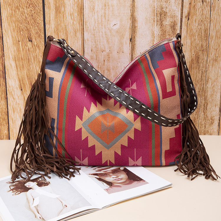 Bohemian Style Canvas Hobo Bag with Tassels & Geometric Print - Large Capacity Shoulder Bag(purple)
