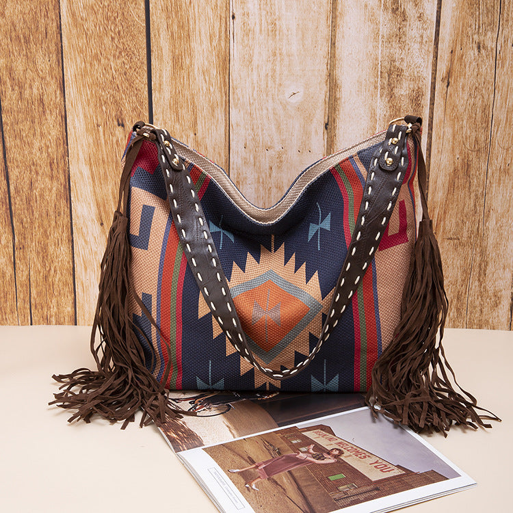 Bohemian Style Canvas Hobo Bag with Tassels & Geometric Print - Large Capacity Shoulder Bag(blue)