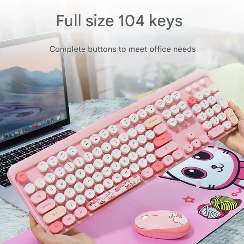 Hello Bear" Wireless Keyboard and Mouse Combo - 2.4G Retro Round Keycaps(pink)"